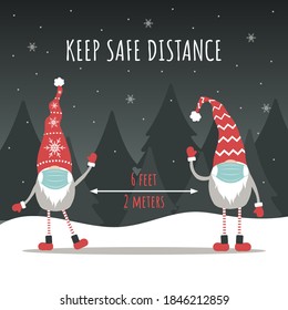 Keep social distancing for Christmas. Cute gnomes wearing a protective face masks from coronavirus. Merry and safe. Vector illustration in cartoon style. Design for poster, banner, flyer.