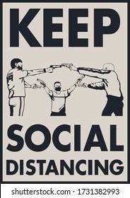 Keep Social Distancing Covid 19 Prevention Propaganda Poster, Men With Masks And Guns, Mexican Standoff Illustration 