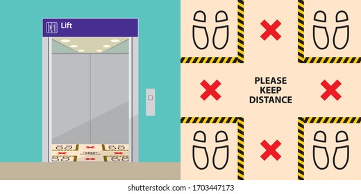 Keep Social Distancing with COVID-19 , footprint sign for stand in lift, protect corona virus