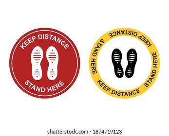 Keep social distancing icon. Stand here. Footprint sign. Social distancing sticker set for floor. Vector