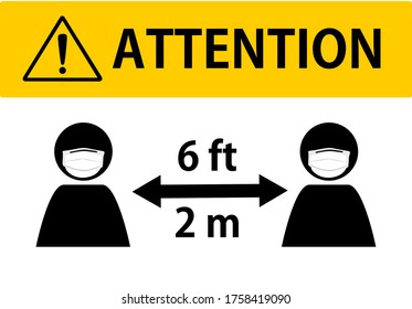 mantener distanciamiento social, distancia mínima de dos metros o seis pies, ilustración vectorial, signo, icono.