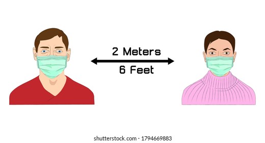 Keep social distancing prevent virus and infection pandemic (distance not less than 2 meters or 6 feet), prevent Coronavirus (COVID-19), COVID-19 vector illustration, New normal hygiene concept.