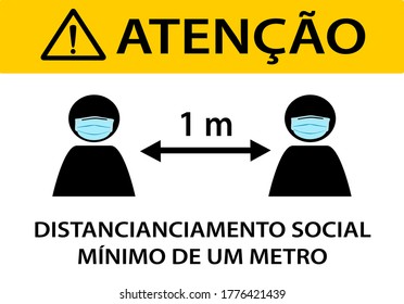 keep social distancing sign, minimum distance of one meter, written in Portuguese, vector illustration