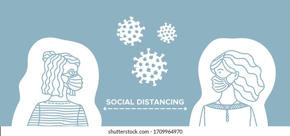Keep social distancing. Two women wearing safety breathing masks. Keep safety distance to protect from covid-19 coronavirus outbreak spreading. Outline health care concept.
