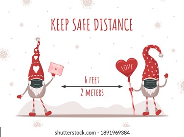 Keep social distancing for Valentines day. Cute gnomes wearing a protective face masks from coronavirus. Happy and safe. Vector illustration in cartoon style. Design for poster, banner, flyer.