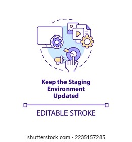 Keep staging environment updated concept icon. Release management process tip abstract idea thin line illustration. Isolated outline drawing. Editable stroke. Arial, Myriad Pro-Bold fonts used