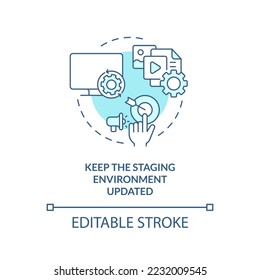 Keep staging environment updated turquoise concept icon. Release management advice abstract idea thin line illustration. Isolated outline drawing. Editable stroke. Arial, Myriad Pro-Bold fonts used
