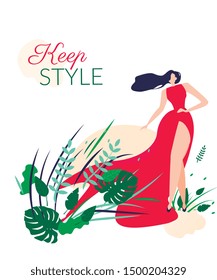 Keep Style Flat Cartoon Poster Vector Illustration. Beautiful Woman in Elegant Long Red Dress near Plants and Leaves. Girl in Cocktail or Evening Clothes. Event Celebration. Greeting Card.
