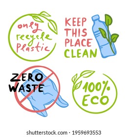 KEEP THIS PLACE CLEAN Ecological Environmental Pollution Problem Of Earth With Plastic Bottle And Plastic Bag On Banner Vector Illustration Set For Print