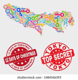 Keep Tokyo Prefecture map and stamps. Red round Top Secret and 12 Days of Christmas scratched seal stamps. Colored Tokyo Prefecture map mosaic of different keeper icons.