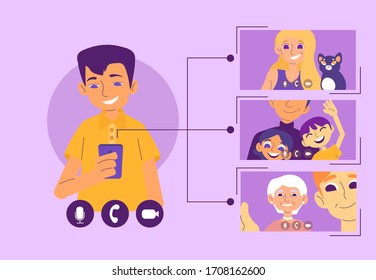 Keep in touch (flat vector line banner, poster). Man has video call with his family and friends.
