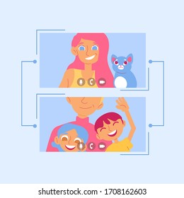 Keep in touch (flat vector line banner, poster). Girl with a cat has a video call  with her family