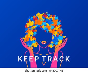 Keep track concept illustration of young woman addicted to social networks, likes and blogging. Modern gradient design of woman with hair full of thumb up symbols