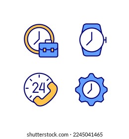 Keep track hours pixel perfect RGB color icons set  Working hours  Wrist watch  Round  the  clock support  Isolated vector illustrations  Simple filled line drawings collection  Editable stroke