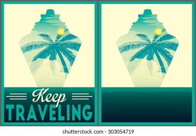 Keep traveling illustration with double exposure effect. Poster template.