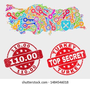 Keep Turkey map and seal stamps. Red rounded Top Secret and 110.00 distress seal stamps. Colorful Turkey map mosaic of different security items. Vector combination for guard purposes.