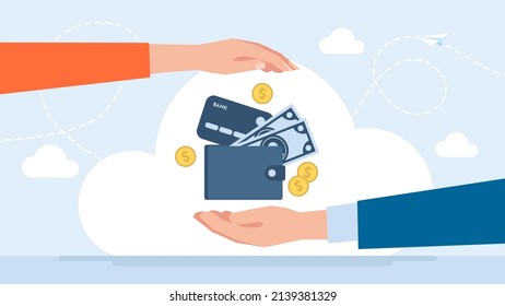 Keep under control spending. The concept of saving. Husband and wife holding credit cards, money, wallet, pennies. Family budget. Cost planning. Save money. Flat business illustration. Vector 