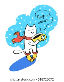 Keep warm. Funny cat hold a cap of coffee on the snow flakes background. Cute character design. Cartoon hand drawn style. Vector illustration. Perfect for greeting card, poster design.