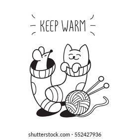 Keep warm. Funny little cat and mouse are in the wool socks. Cute character design. Cartoon hand drawn style. Children vector illustration. Perfect for winter greeting card, poster design.