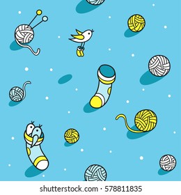 Keep warm - seamless vector pattern. Funny little birds are in the wool socks. Cute hand drawn graphic elements for kids. Perfect for wrapping, package, textile design. 