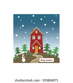 Keep warm seasonal card. A red house in the forest with a snowman. Snow in the evening sky. Christmas holidays greetings card.