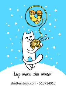 Keep warm this winter. Funny cat hold a ball of wool and dreaming about socks. Cute character design. Cartoon hand drawn style. Vector illustration. Perfect for greeting card, poster design.