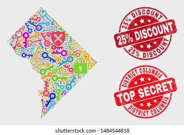 Keep Washington District Columbia map and seal stamps. Red round Top Secret and 25% Discount distress seals. Colorful Washington District Columbia map mosaic of different guard symbols.