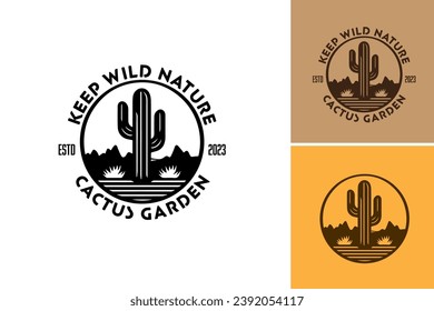 Keep wild nature cactus garden vintage logo. this asset suitable for creating designs related to preserving and appreciating the beauty of cactus gardens in their natural, untamed state.