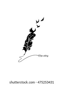 Keep writing quote made with feather and flying birds. Inspiration picture for writers.