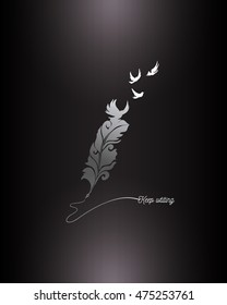 Keep writing quote made with feather and flying birds. Inspiration picture for writers.