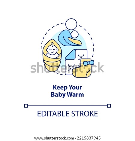 Keep your baby warm concept icon. Use body heat to warm up toddlers. Cold weather tip abstract idea thin line illustration. Isolated outline drawing. Editable stroke. Arial, Myriad Pro-Bold fonts used