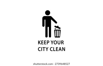 Keep Your City Clean black vector icon with trash bin, isolated on white background.
