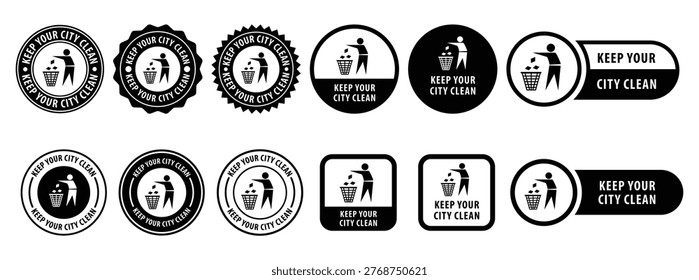 keep your city clean sign, logo, badge, icon, sticker, label, emblem, stamp. Man throwing garbage symbol simple design, Throw trash vector symbol for cleanliness, Waste disposal icon for smart city