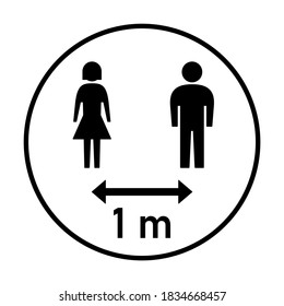 Keep Your Distance 1 m or 1 Metre Round Social Distancing Instruction Sticker Icon with Male and Female Figures. Vector Image.