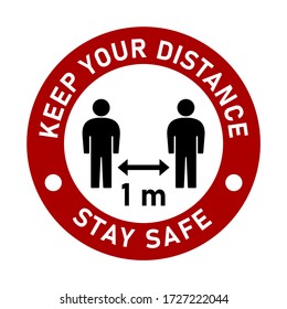 Keep Your Distance 1 Meter and Stay Safe Red Round Social Distancing People Floor Marking Icon For Queue Line or T-Shirt Print. Vector Image.