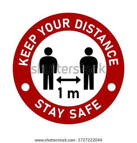 Keep Your Distance 1 Meter and Stay Safe Red Round Social Distancing People Floor Marking Icon For Queue Line or T-Shirt Print. Vector Image.