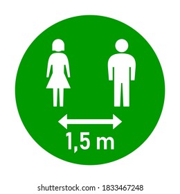 Mantenga su distancia de 1,5 m o 1,5 m. con figuras masculinas y femeninas. Imagen vectorial.