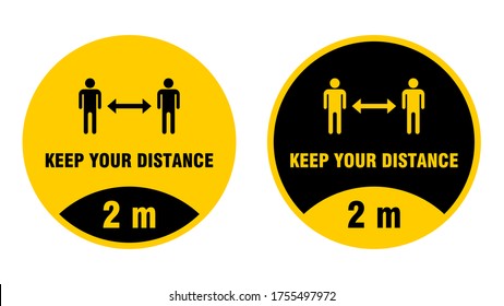 Keep Your Distance 2 m or 2 Metres Round Social Distancing Floor Marking Adhesive Badge Icons. Vector Image.