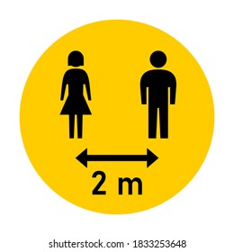 Keep Your Distance 2 m or 2 Metres Round Social Distancing Instruction Sticker Icon with Male and Female Figures. Vector Image.