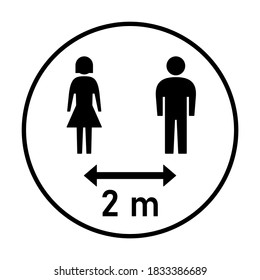 Keep Your Distance 2 m or 2 Metres Round Social Distancing Instruction Sticker Icon with Male and Female Figures. Vector Image.