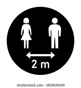 Mantenga su distancia de 2 m o 2 m de distancia alrededor del icono de etiqueta de instrucción de distanciamiento social con figuras masculinas y femeninas. Imagen vectorial.