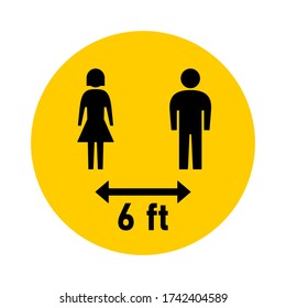 Keep Your Distance 6 ft or 6 Feet Round Social Distancing Instruction Sticker Icon with Male and Female Figures. Vector Image.