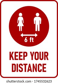 Keep Your Distance 6 ft or 6 Feet Vertical Rectangular Social Distancing Instruction Icon with an Aspect Ratio of 3:4 and Rounded Corners. Vector Image.