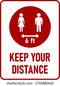 Keep Your Distance 6 ft or 6 Feet Vertical Rectangular Social Distancing Instruction Icon with an Aspect Ratio of 3:4 and Rounded Corners. Vector Image.