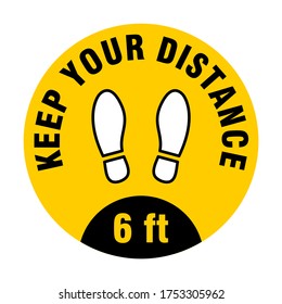 Keep Your Distance 6 Ft And Stand Here Round Floor Marking Adhesive Icon With A Pair Of Shoeprint Or Footprint Symbols. Vector Image.