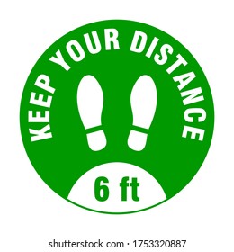 Keep Your Distance 6 ft and Stand Here Round Floor Marking Adhesive Icon with a Pair of Shoeprint or Footprint Symbols. Vector Image.