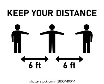 Keep Your Distance 6 ft or 6 Feet Social Distancing Instruction Sign. Vector Image.