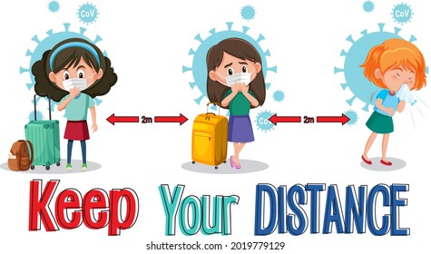 Keep your distance banner with cartoon character illustration