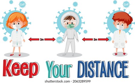 Keep your distance banner with many doctors cartoon character illustration