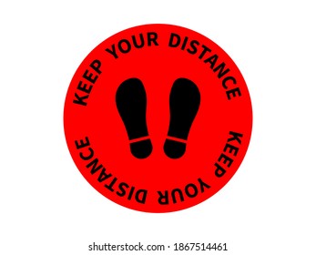 Keep your distance and be healthy icon. Red circle with black sole prints and social spacing warning coronavirus prevention pandemic with caution protection and personal vector space notification.